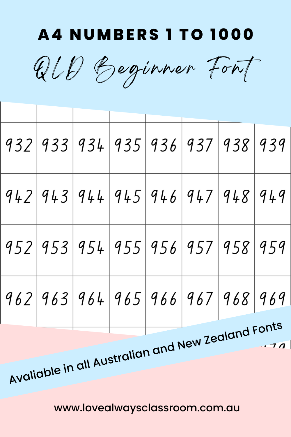 QLD Beginner Font - A4 Numbers 1 to 1000