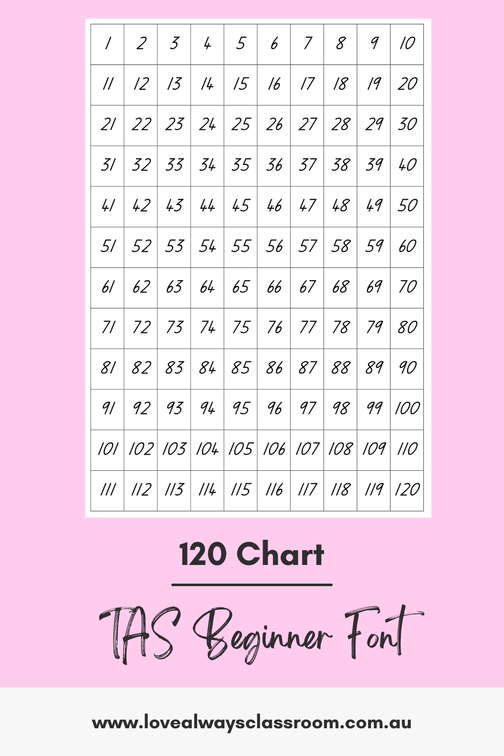 Printable 1 -120 Chart in Tasmanian Regular Font